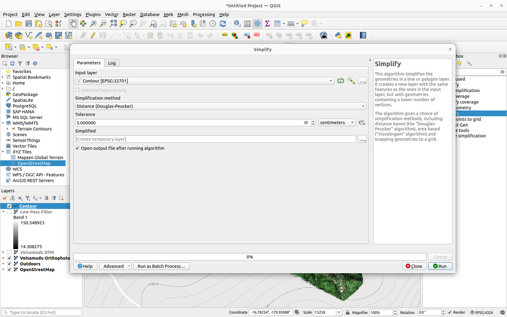 Running Simplify Vector Geometry filter on elevatiln contour line vectors